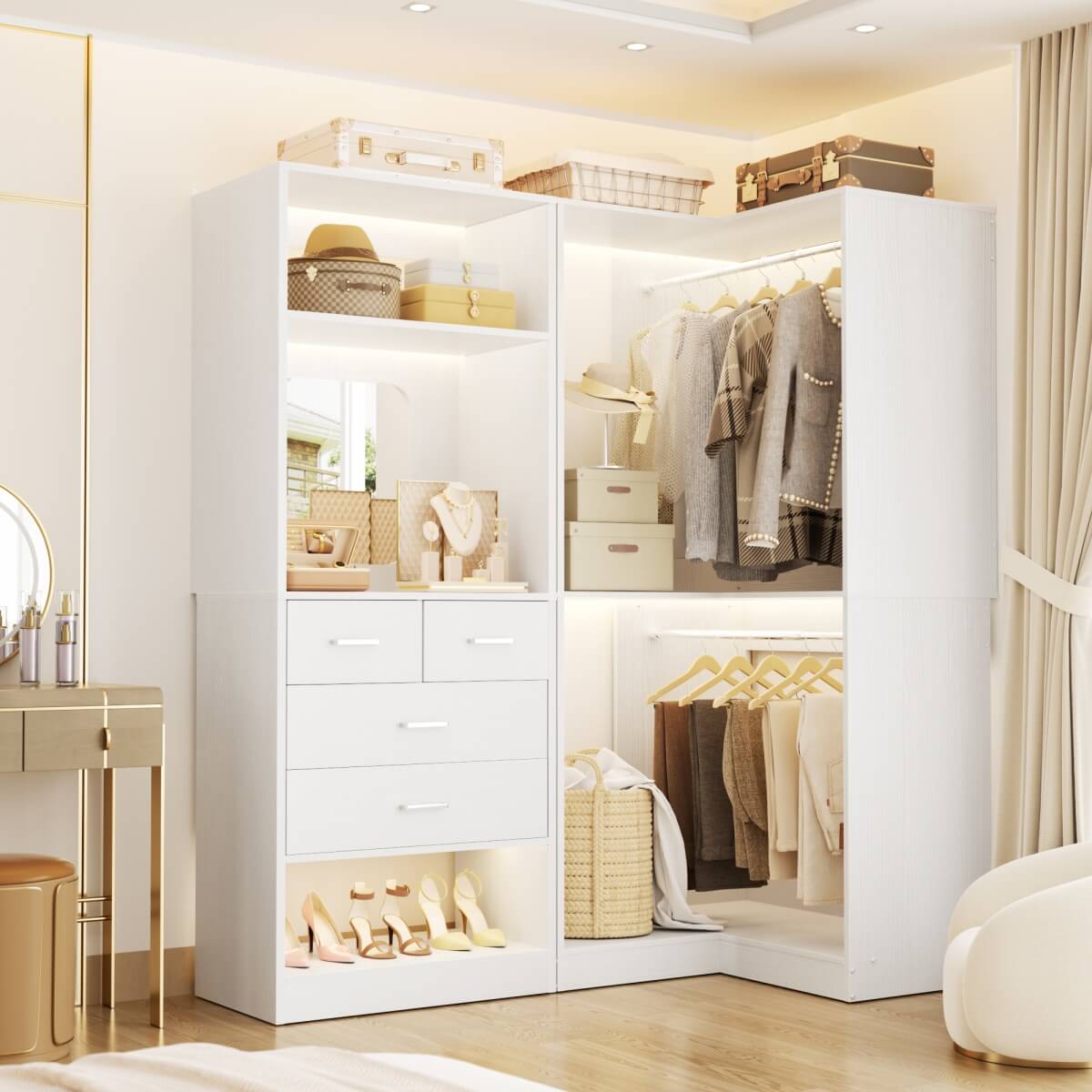 Heavy Duty Corner Closet System with 4 Drawers and Mirror