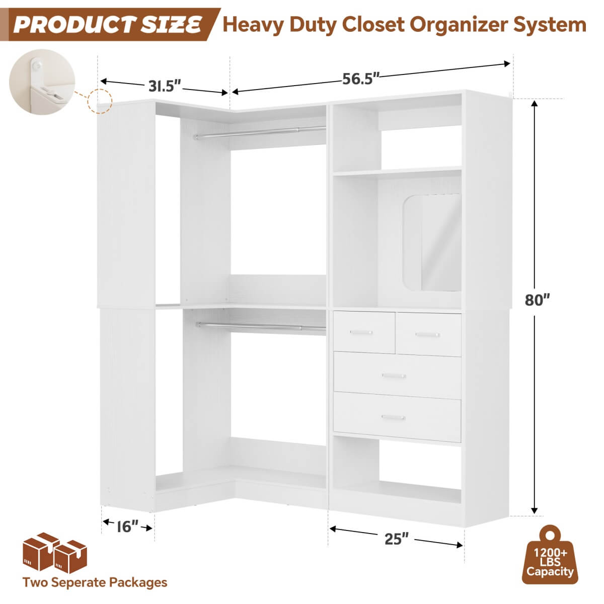 Heavy Duty Corner Closet System with 4 Drawers and Mirror