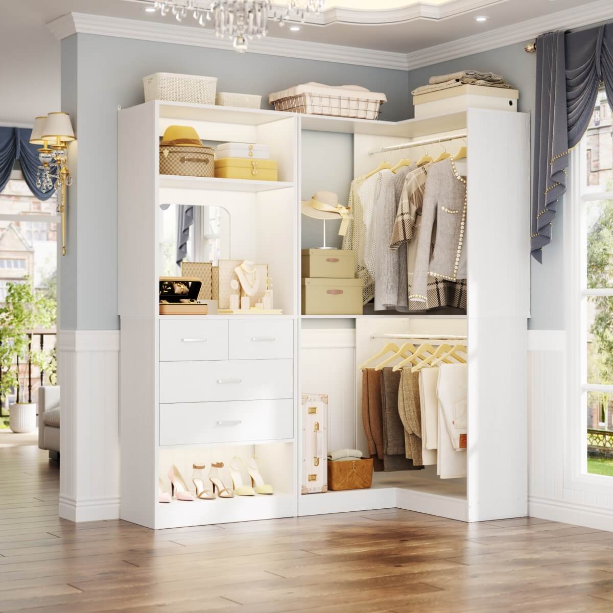 Heavy Duty Corner Closet System with 4 Drawers and Mirror