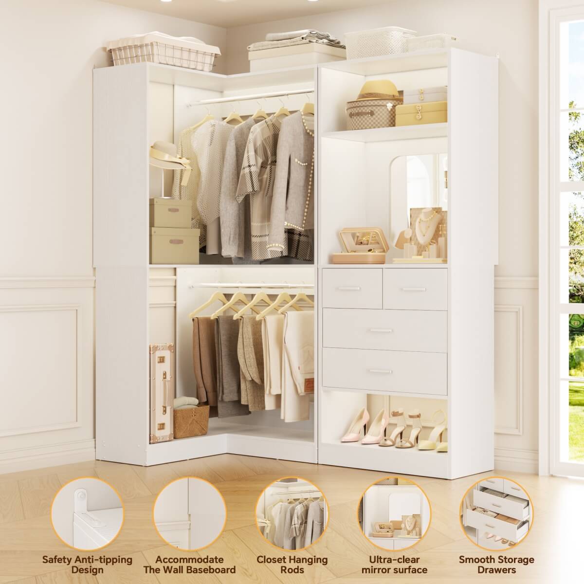 Heavy Duty Corner Closet System with 4 Drawers and Mirror