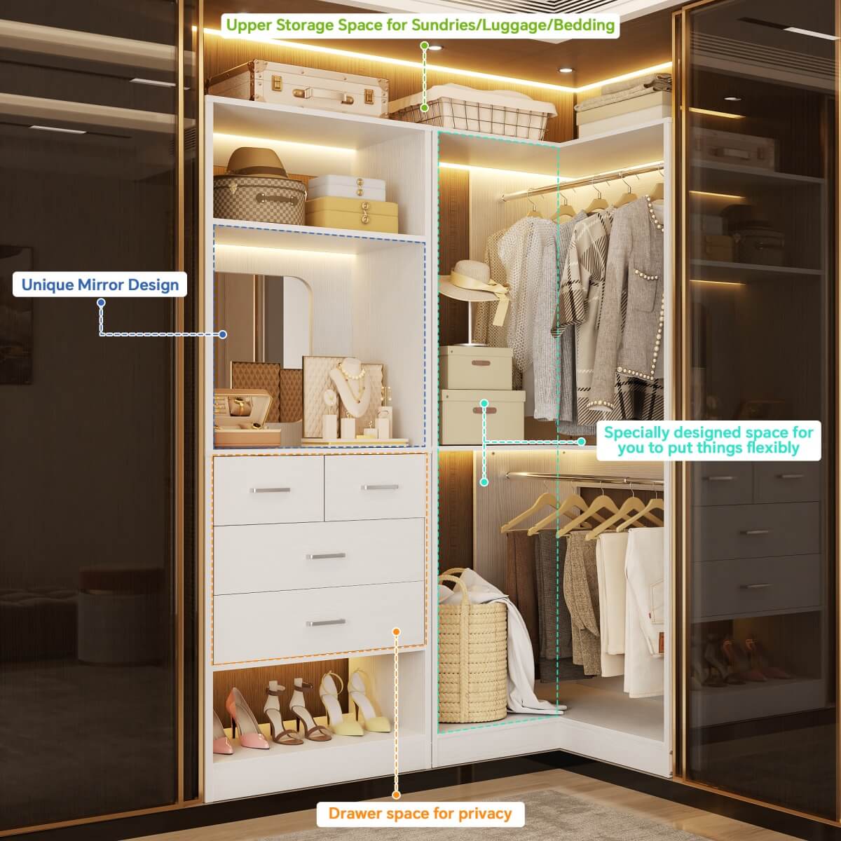 Heavy Duty Corner Closet System with 4 Drawers and Mirror