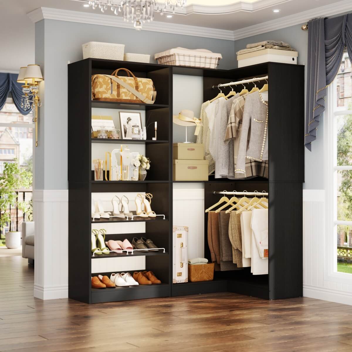 Walk-in Closet Organizer System with Shoe Rack Tower and Corner Closet