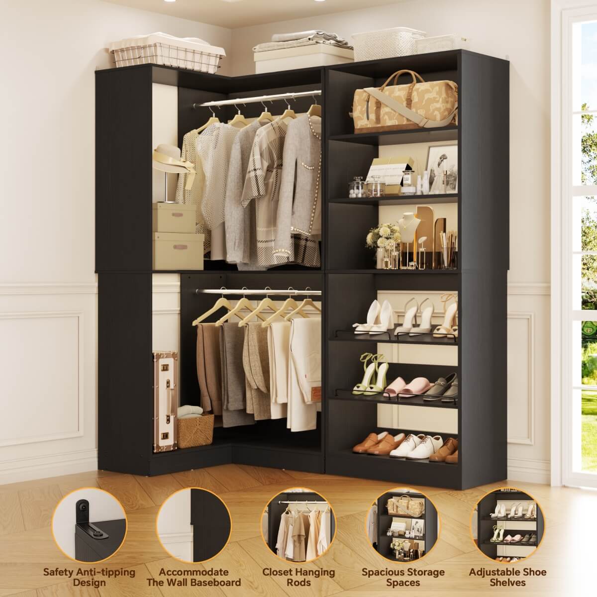Walk-in Closet Organizer System with Shoe Rack Tower and Corner Closet