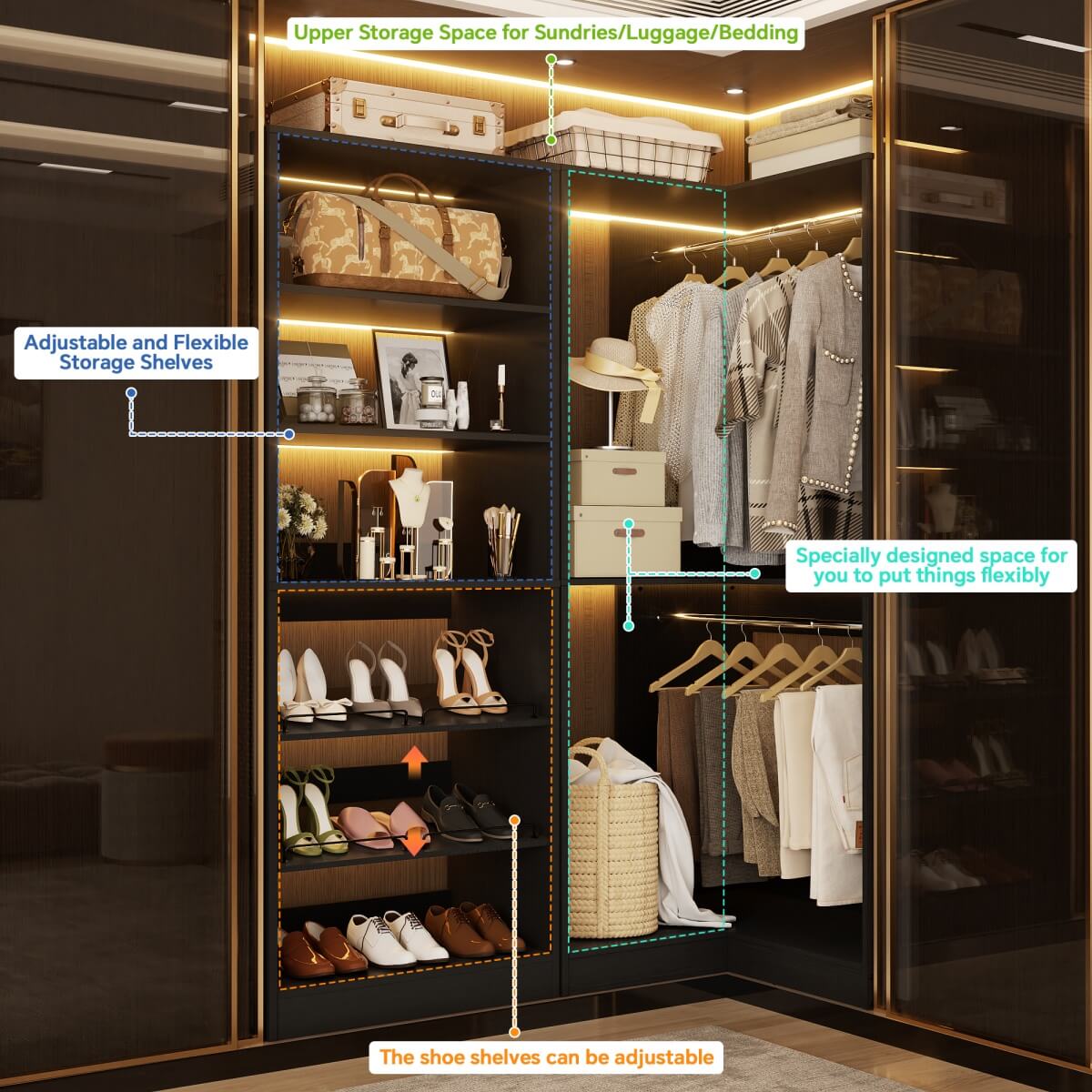 Walk-in Closet Organizer System with Shoe Rack Tower and Corner Closet