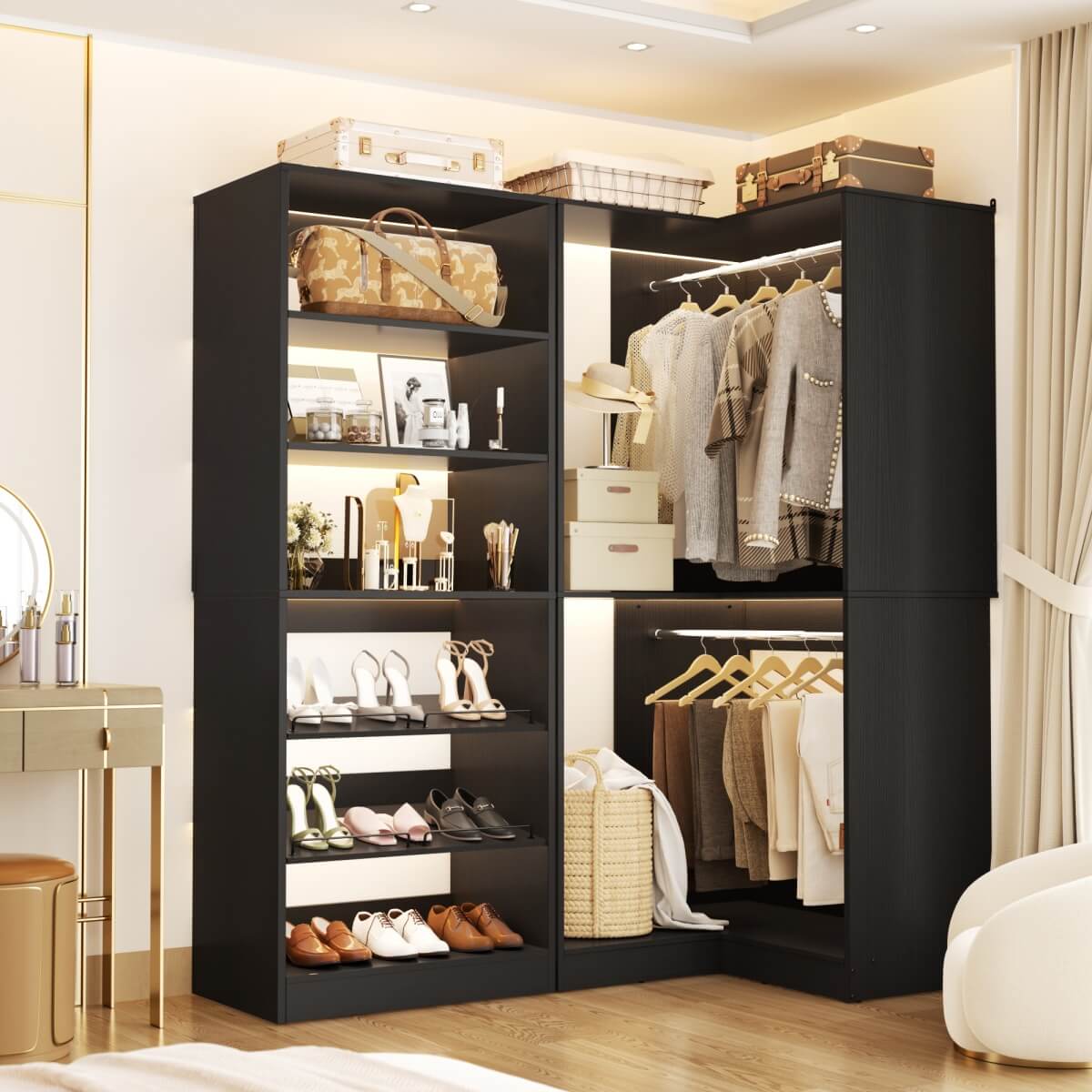 Walk-in Closet Organizer System with Shoe Rack Tower and Corner Closet