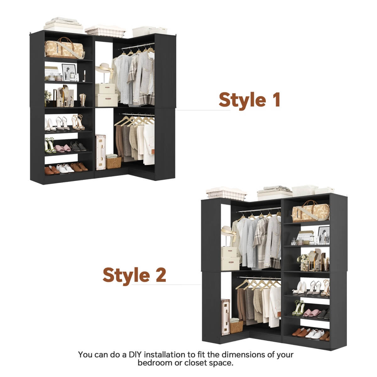 Walk-in Closet Organizer System with Shoe Rack Tower and Corner Closet
