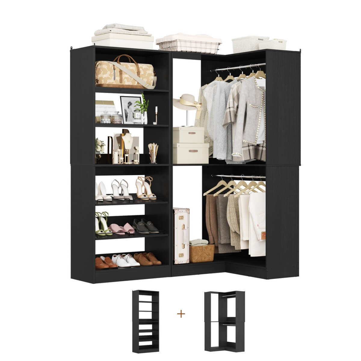 Walk-in Closet Organizer System with Shoe Rack Tower and Corner Closet