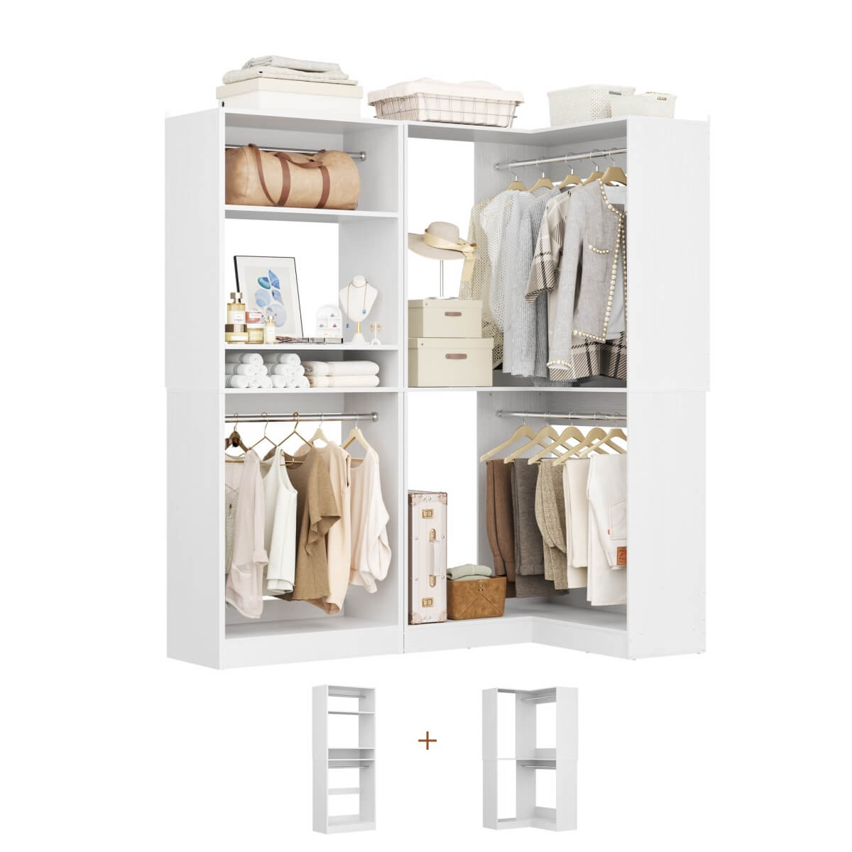 Freestanding Walk-in Closet Organizer System with Hanging Rods and Corner
