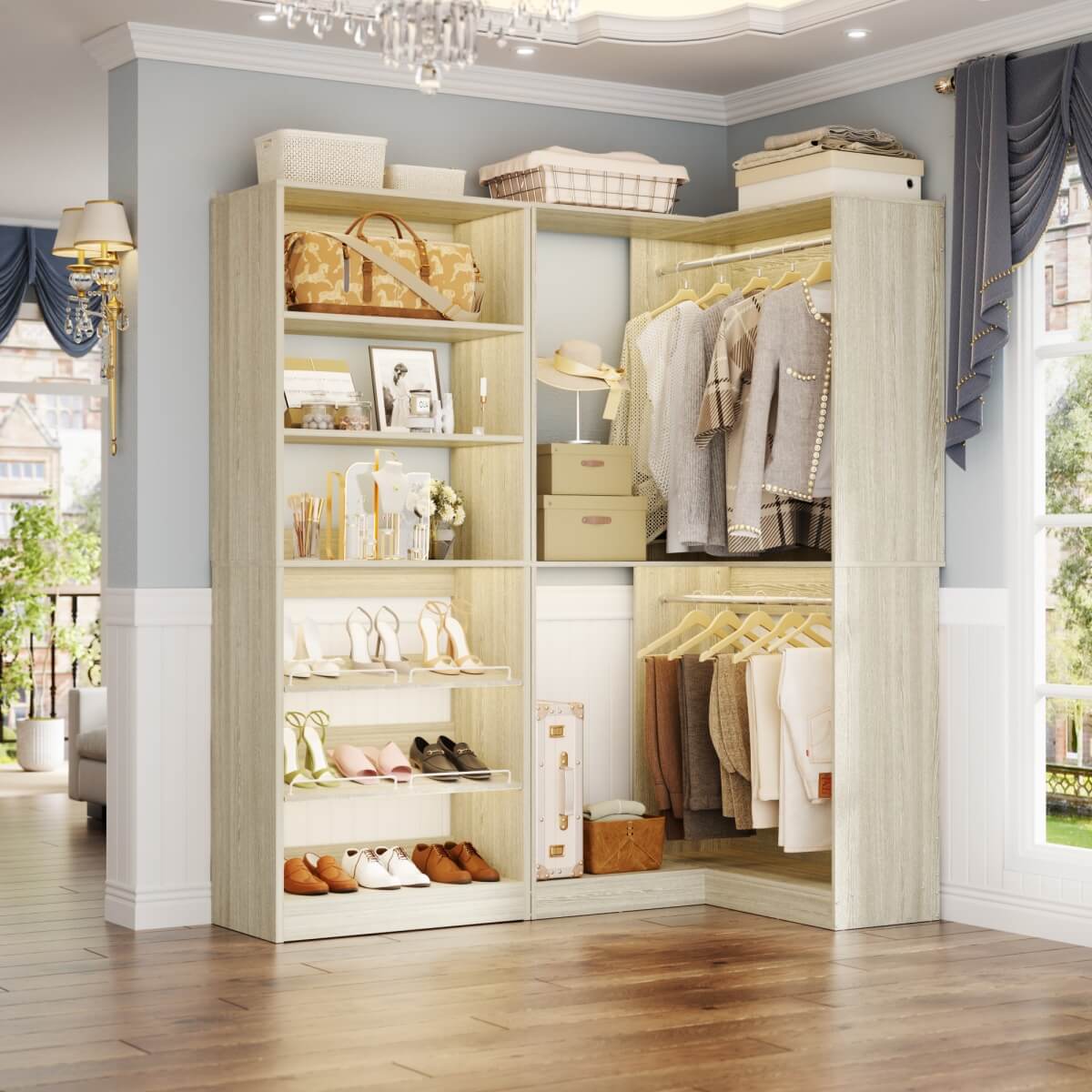Walk-in Closet Organizer System with Shoe Rack Tower and Corner Closet