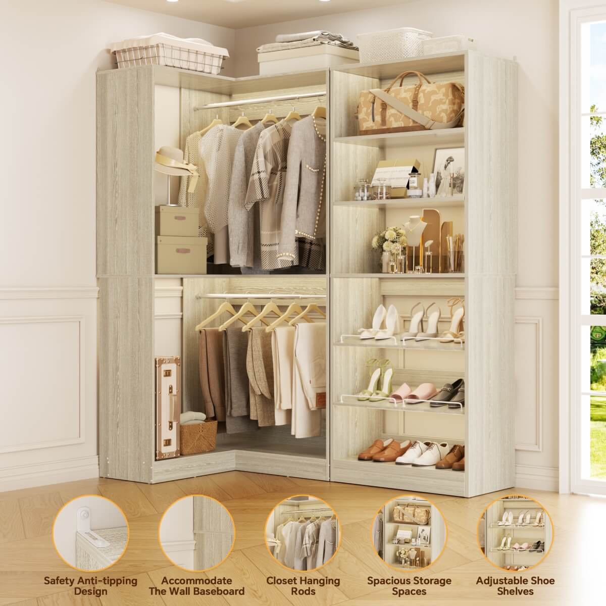 Walk-in Closet Organizer System with Shoe Rack Tower and Corner Closet