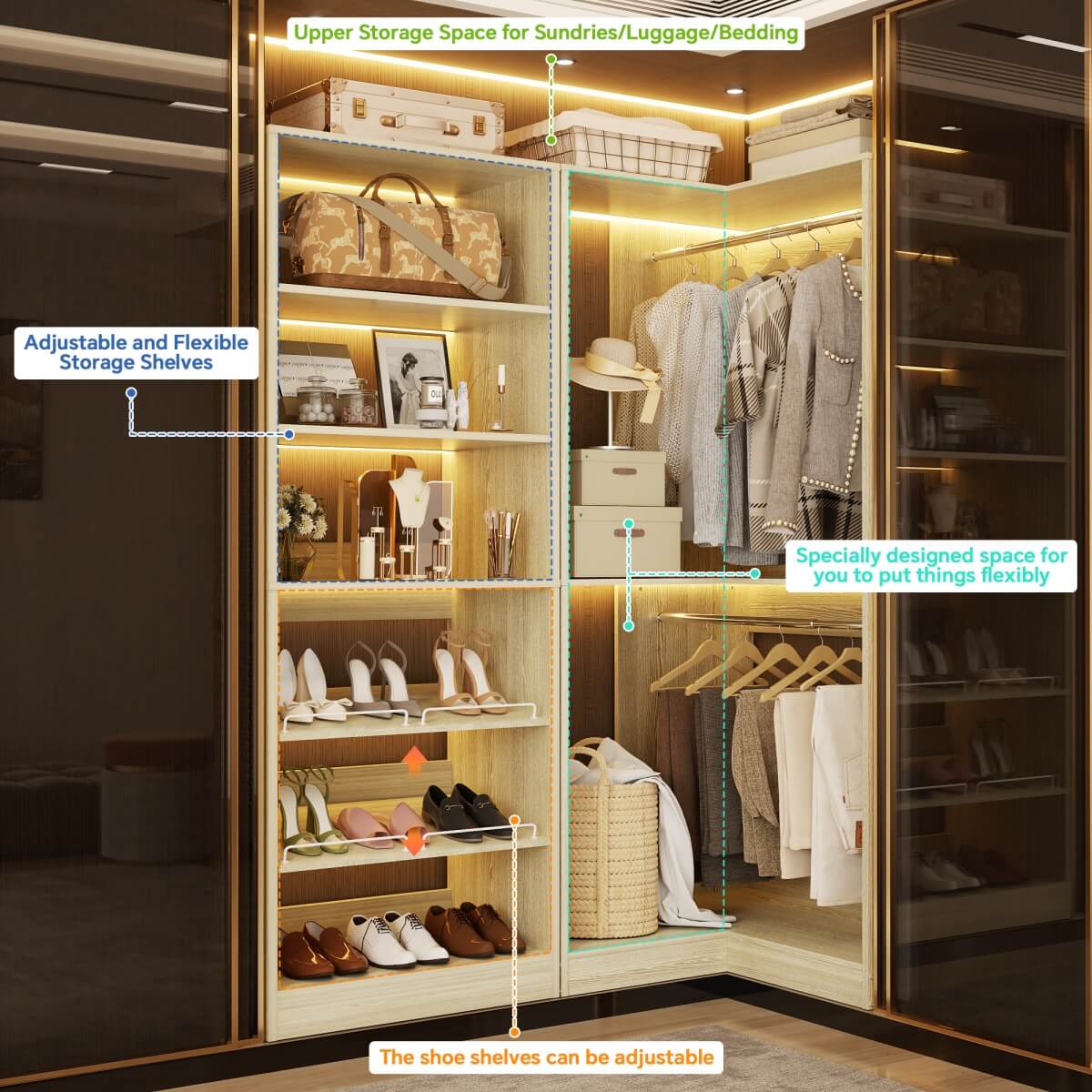 Walk-in Closet Organizer System with Shoe Rack Tower and Corner Closet