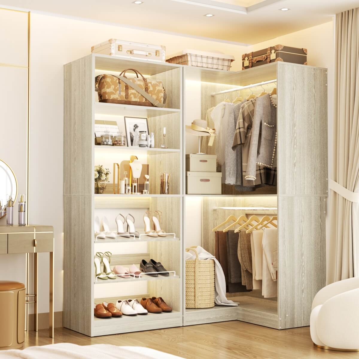 Walk-in Closet Organizer System with Shoe Rack Tower and Corner Closet