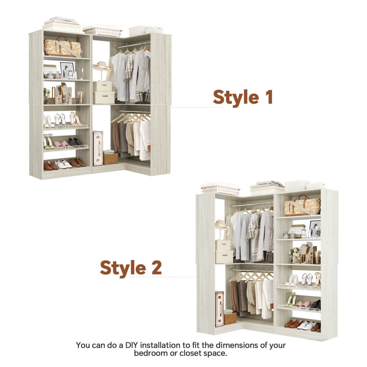 Walk-in Closet Organizer System with Shoe Rack Tower and Corner Closet