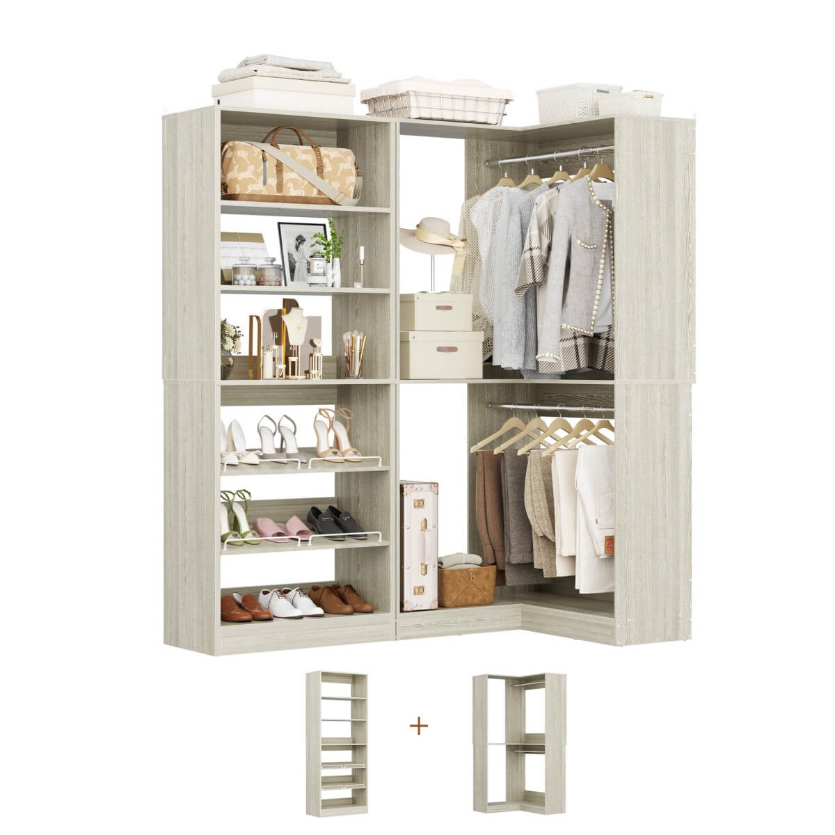 Walk-in Closet Organizer System with Shoe Rack Tower and Corner Closet