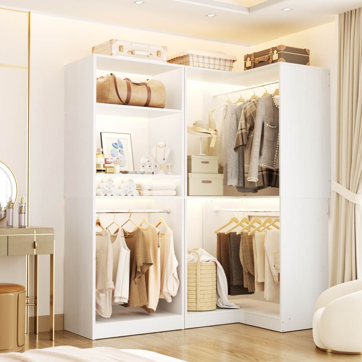 Freestanding Walk-in Closet Organizer System with Hanging Rods and Corner