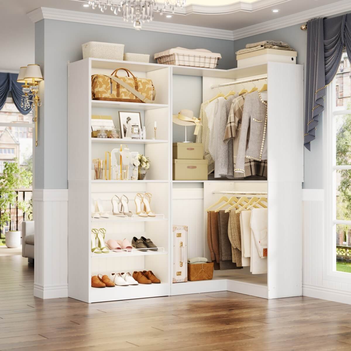 Walk-in Closet Organizer System with Shoe Rack Tower and Corner Closet