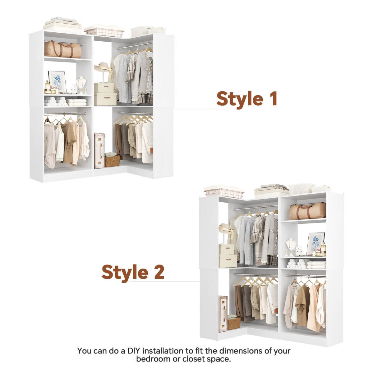 Freestanding Walk-in Closet Organizer System with Hanging Rods and Corner