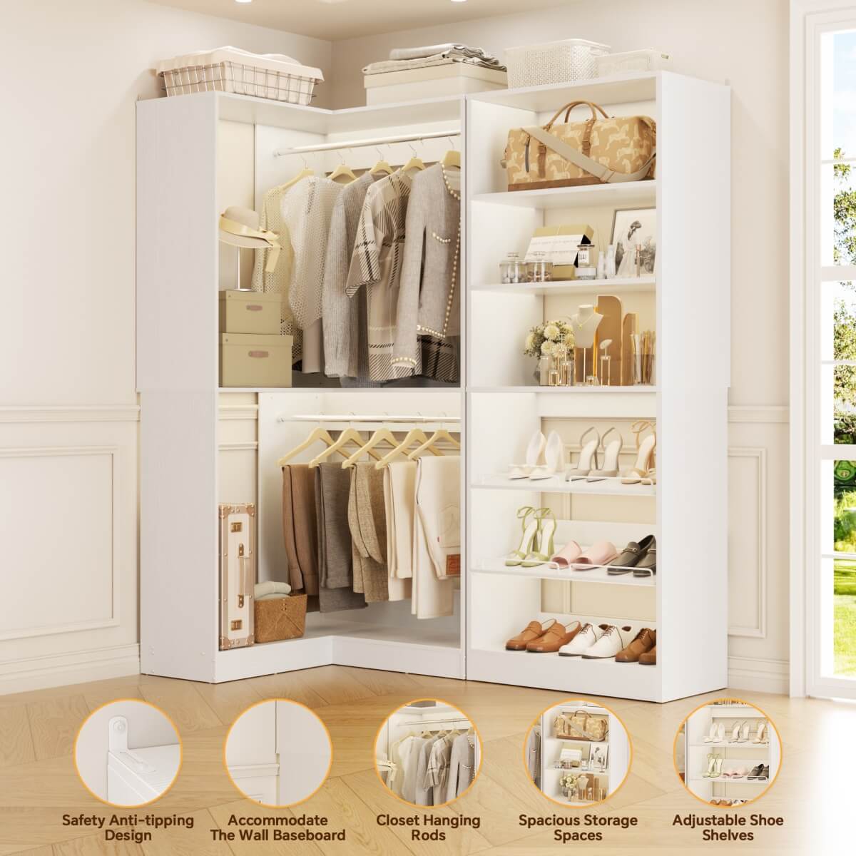 Walk-in Closet Organizer System with Shoe Rack Tower and Corner Closet