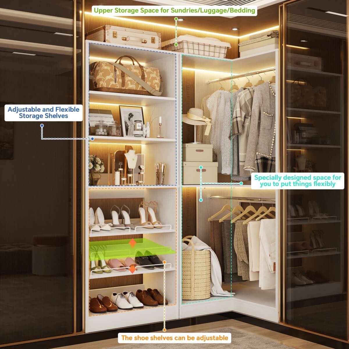 Walk-in Closet Organizer System with Shoe Rack Tower and Corner Closet