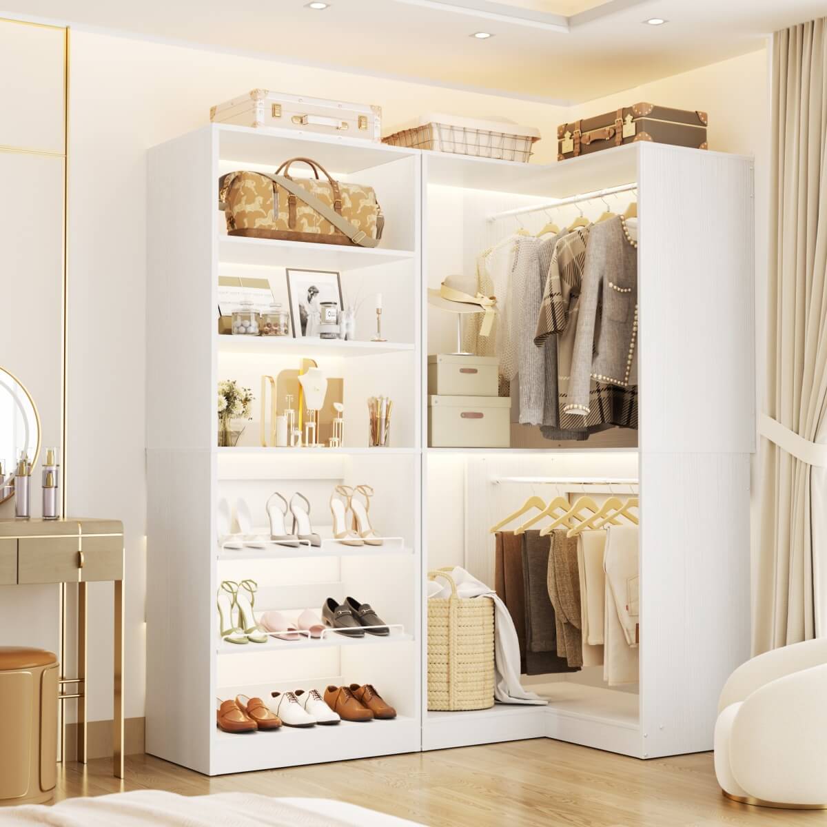 Walk-in Closet Organizer System with Shoe Rack Tower and Corner Closet
