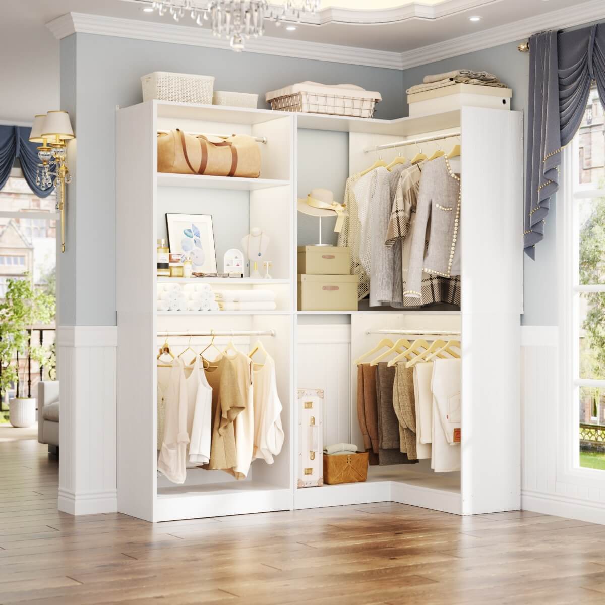 Freestanding Walk-in Closet Organizer System with Hanging Rods and Corner