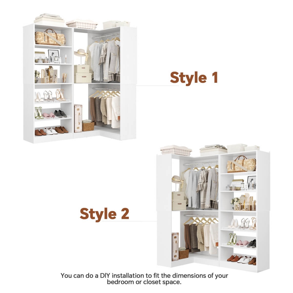 Walk-in Closet Organizer System with Shoe Rack Tower and Corner Closet