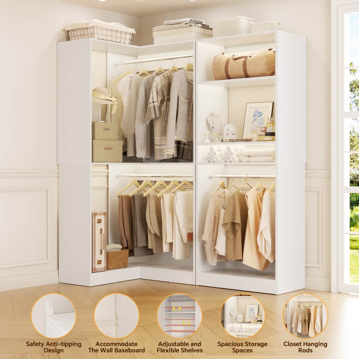 Freestanding Walk-in Closet Organizer System with Hanging Rods and Corner