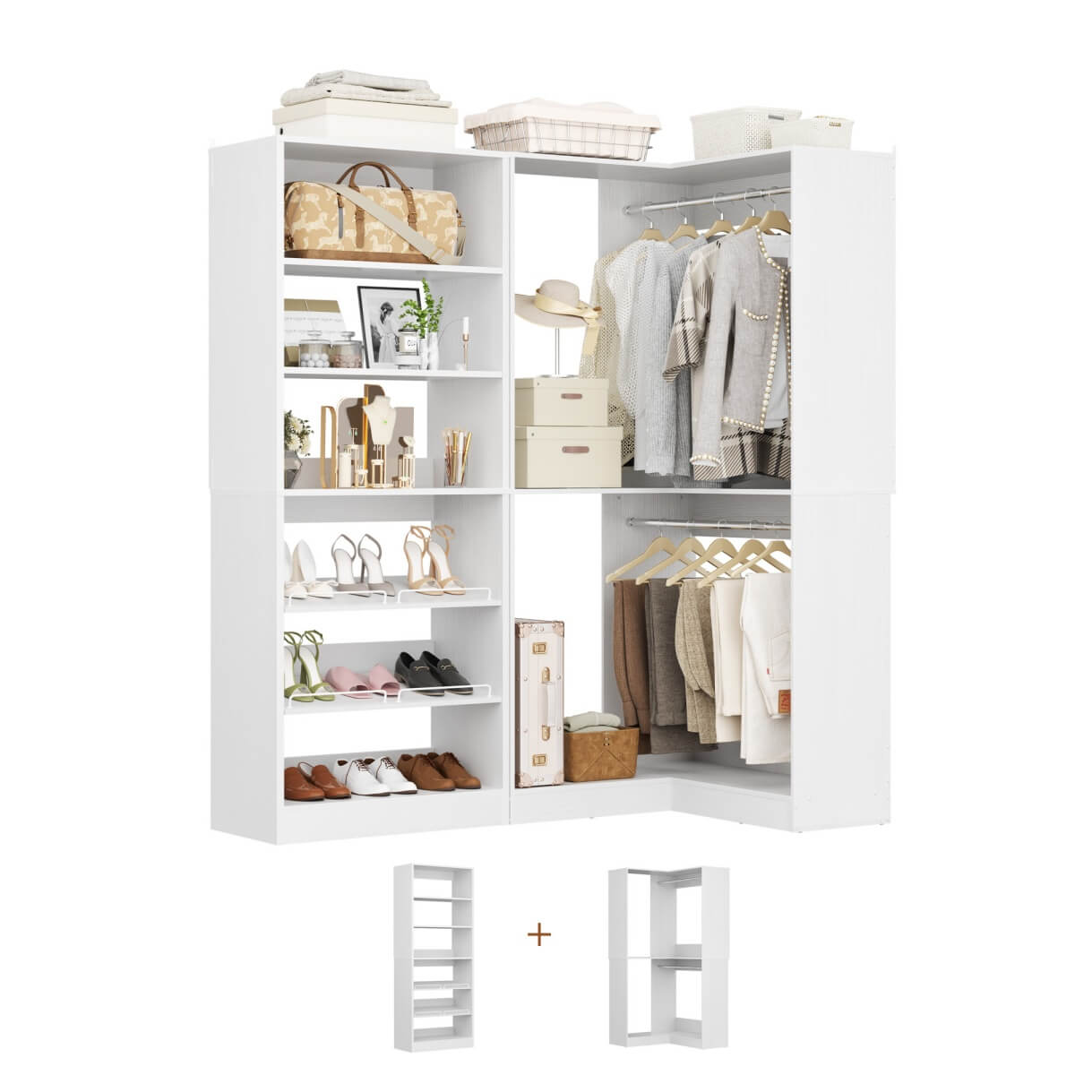 Walk-in Closet Organizer System with Shoe Rack Tower and Corner Closet