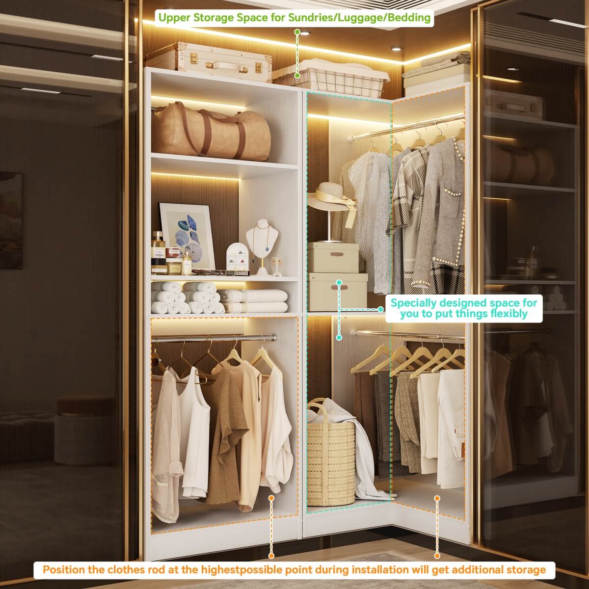 Freestanding Walk-in Closet Organizer System with Hanging Rods and Corner