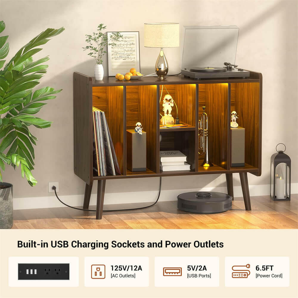 Unikito Record Player Stand with LED Light, Vinyl Record Storage Table with 6 Cabinet, Record Player Stand with Storage and Sockets, Record Display Shelf Wood Legs for Bedroom Living Room