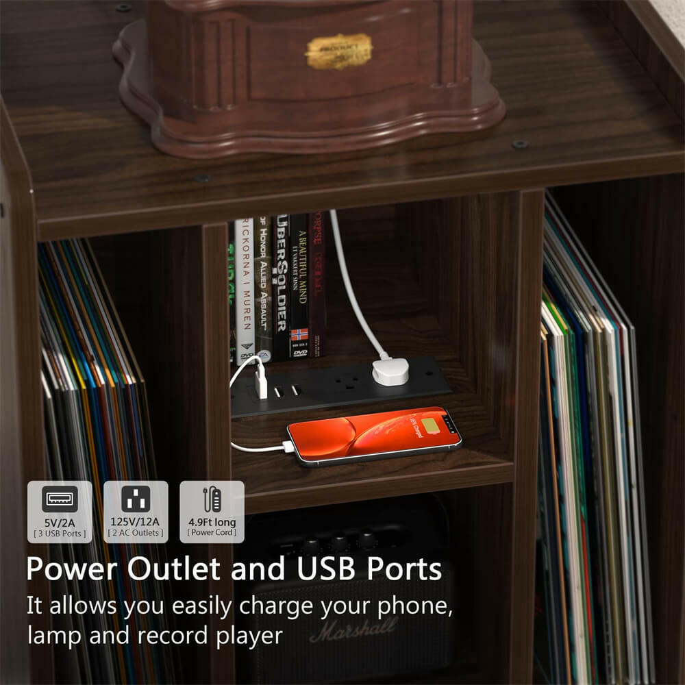 Unikito Record Player Stand, Vinyl Turntable Stand with Power Outlet and USB Charging Port, Record Display Table with Storage, Audio Rack, Turntable Nightstand for Bedroom, Living Room