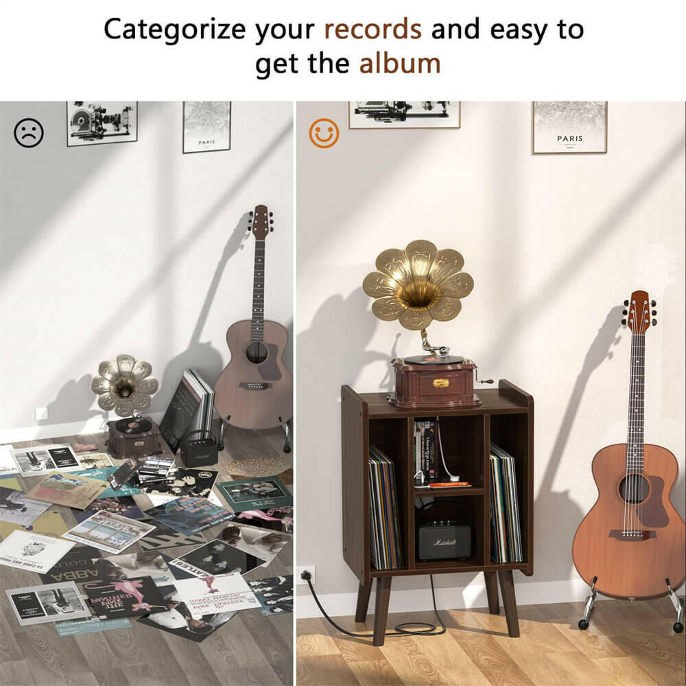 Unikito Record Player Stand, Vinyl Turntable Stand with Power Outlet and USB Charging Port, Record Display Table with Storage, Audio Rack, Turntable Nightstand for Bedroom, Living Room