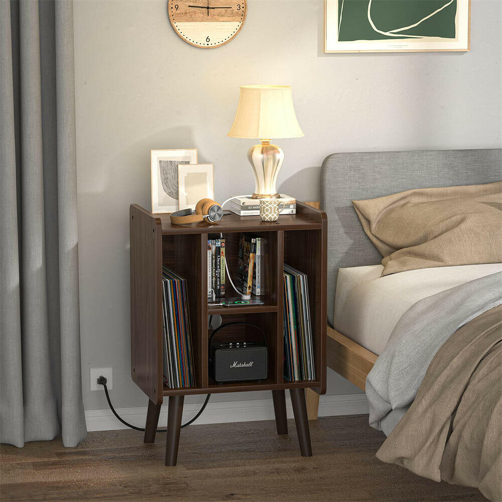 Unikito Record Player Stand, Vinyl Turntable Stand with Power Outlet and USB Charging Port, Record Display Table with Storage, Audio Rack, Turntable Nightstand for Bedroom, Living Room