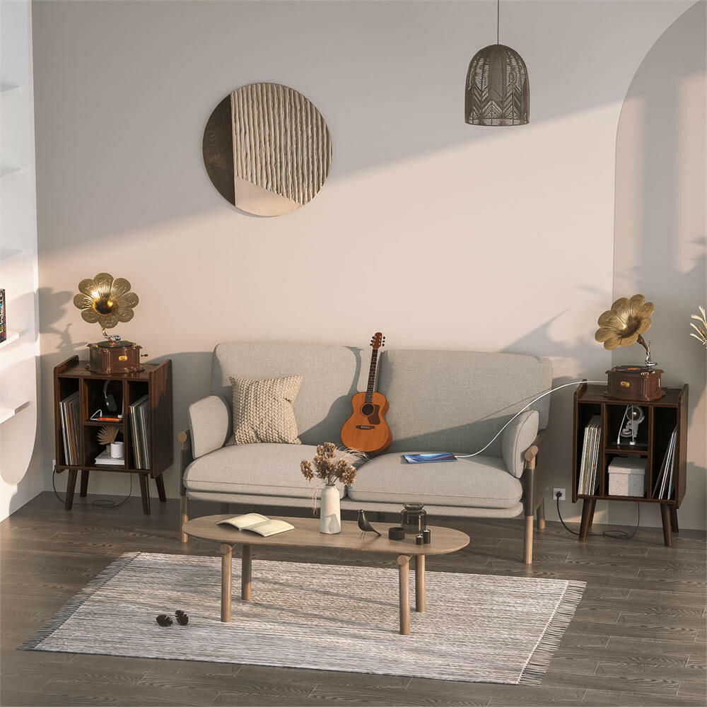 Unikito Record Player Stand, Vinyl Turntable Stand with Power Outlet and USB Charging Port, Record Display Table with Storage, Audio Rack, Turntable Nightstand for Bedroom, Living Room