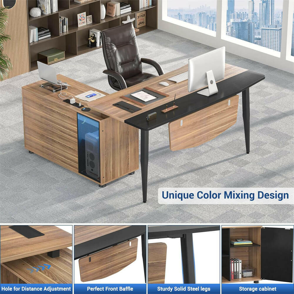 Unikito 55inch Computer Desk with Cabinet, Large L Desk with LED and Charging Station, Home Office Desk with Door and Storage, Office Desk with Power Outlet, Gaming Desk PC Table