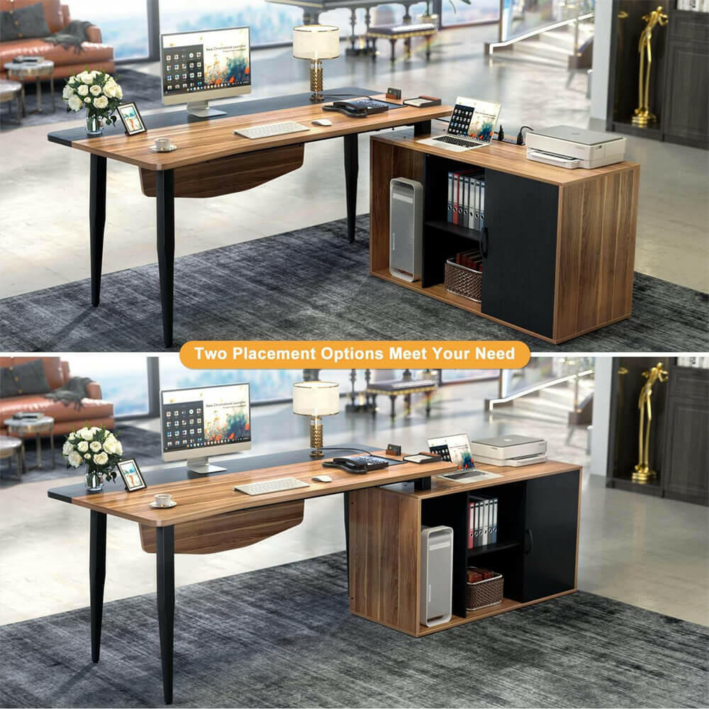 Unikito 55inch Computer Desk with Cabinet, Large L Desk with LED and Charging Station, Home Office Desk with Door and Storage, Office Desk with Power Outlet, Gaming Desk PC Table