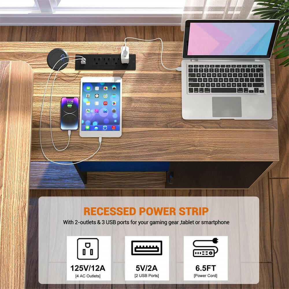 Unikito 55inch Computer Desk with Cabinet, Large L Desk with LED and Charging Station, Home Office Desk with Door and Storage, Office Desk with Power Outlet, Gaming Desk PC Table