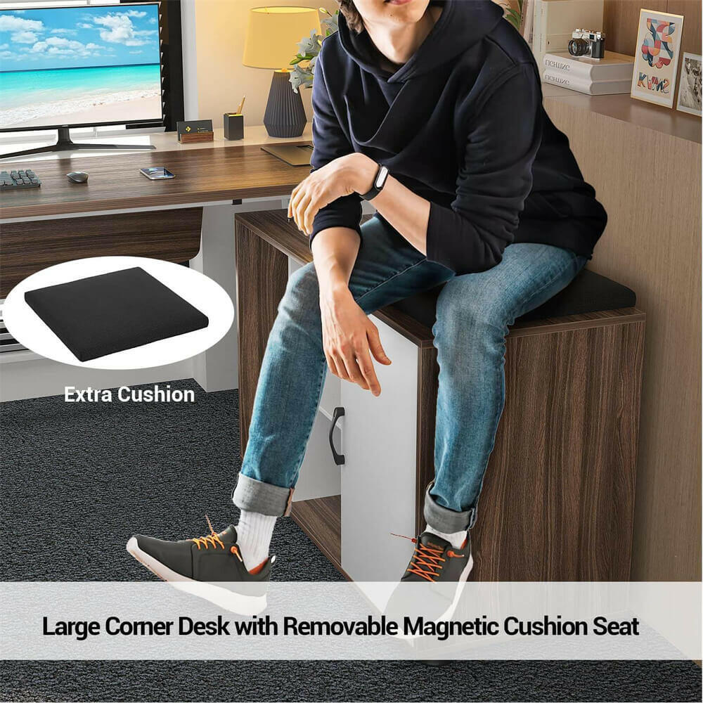 Unikito 55inch Computer Desk with Cabinet, Large L Desk with LED and Charging Station, Home Office Desk with Door and Storage, Office Desk with Power Outlet, Gaming Desk PC Table