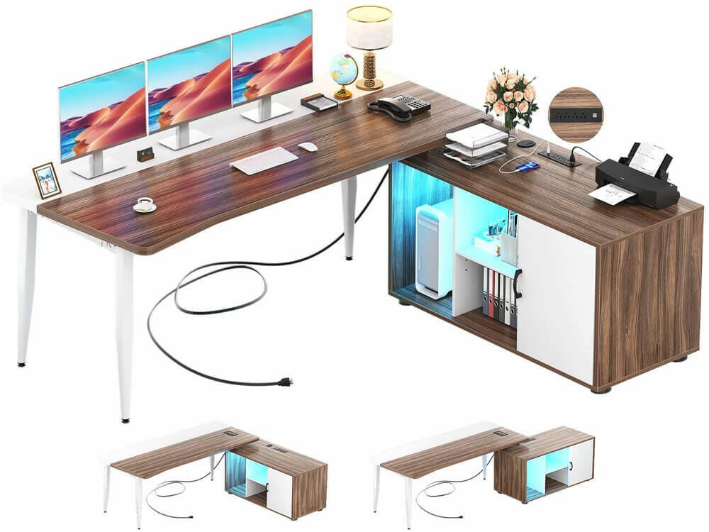 Unikito 55inch Computer Desk with Cabinet, Large L Desk with LED and Charging Station, Home Office Desk with Door and Storage, Office Desk with Power Outlet, Gaming Desk PC Table