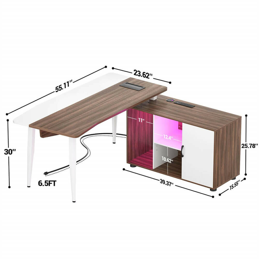 Unikito 55inch Computer Desk with Cabinet, Large L Desk with LED and Charging Station, Home Office Desk with Door and Storage, Office Desk with Power Outlet, Gaming Desk PC Table