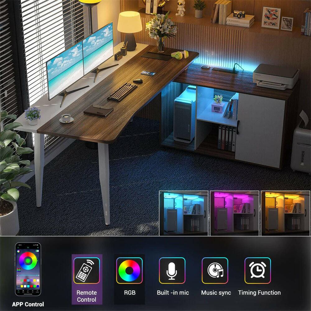 Unikito 55inch Computer Desk with Cabinet, Large L Desk with LED and Charging Station, Home Office Desk with Door and Storage, Office Desk with Power Outlet, Gaming Desk PC Table