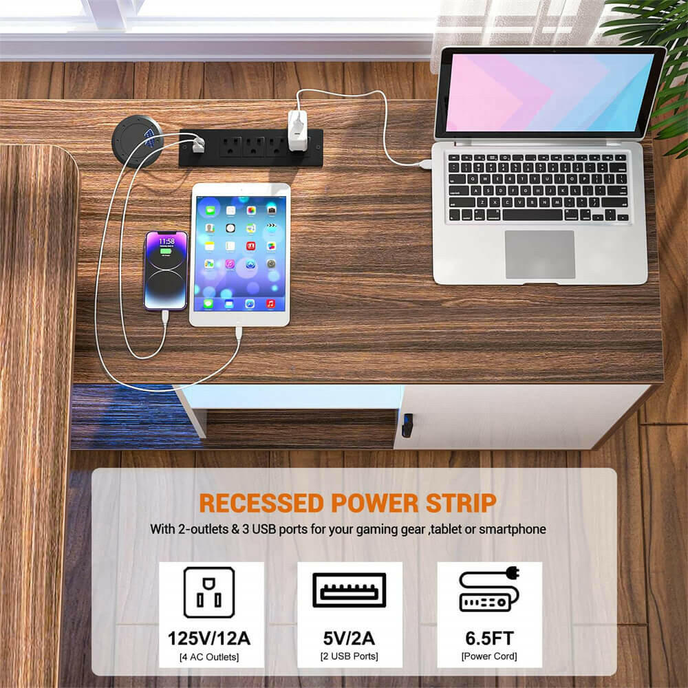 Unikito 55inch Computer Desk with Cabinet, Large L Desk with LED and Charging Station, Home Office Desk with Door and Storage, Office Desk with Power Outlet, Gaming Desk PC Table