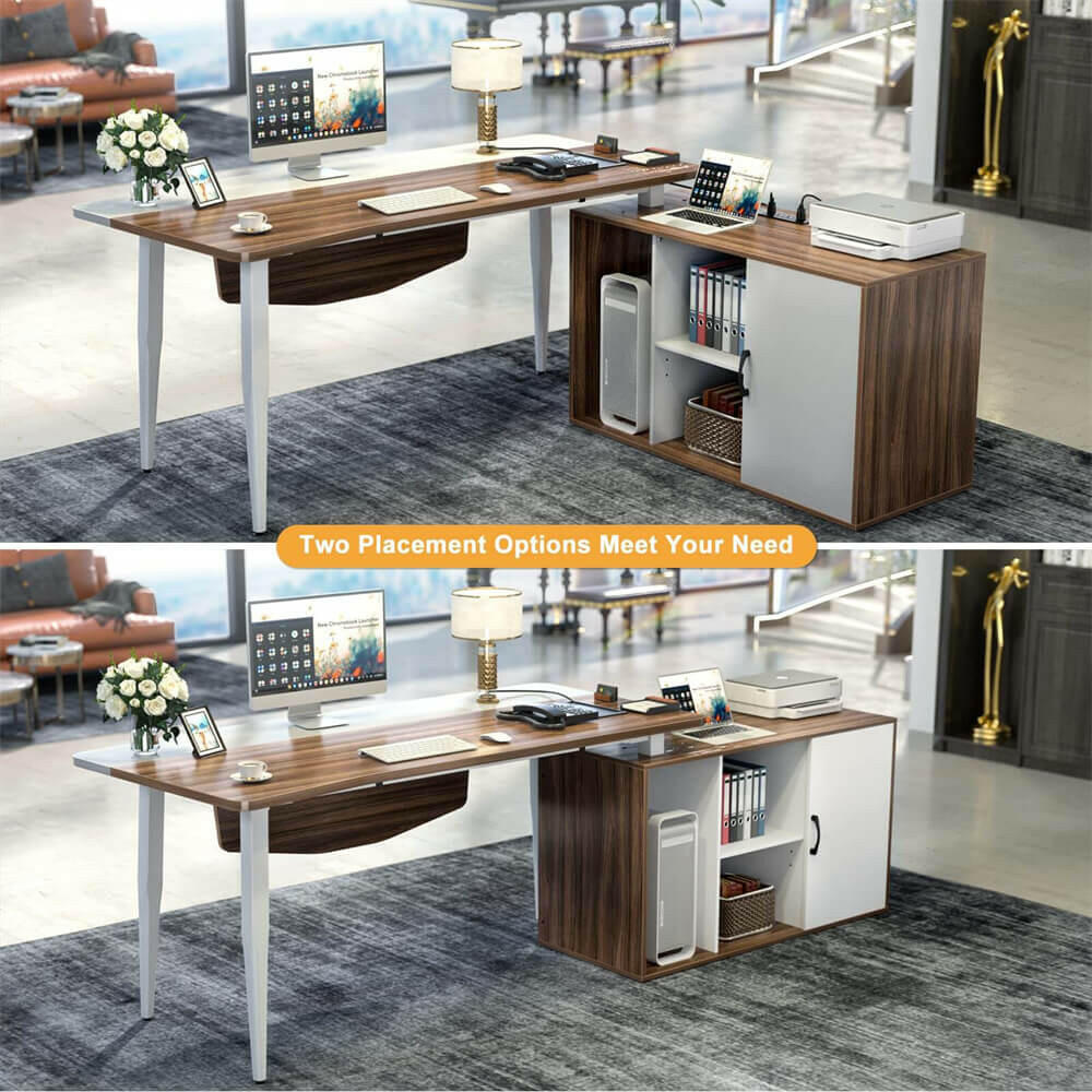 Unikito 55inch Computer Desk with Cabinet, Large L Desk with LED and Charging Station, Home Office Desk with Door and Storage, Office Desk with Power Outlet, Gaming Desk PC Table