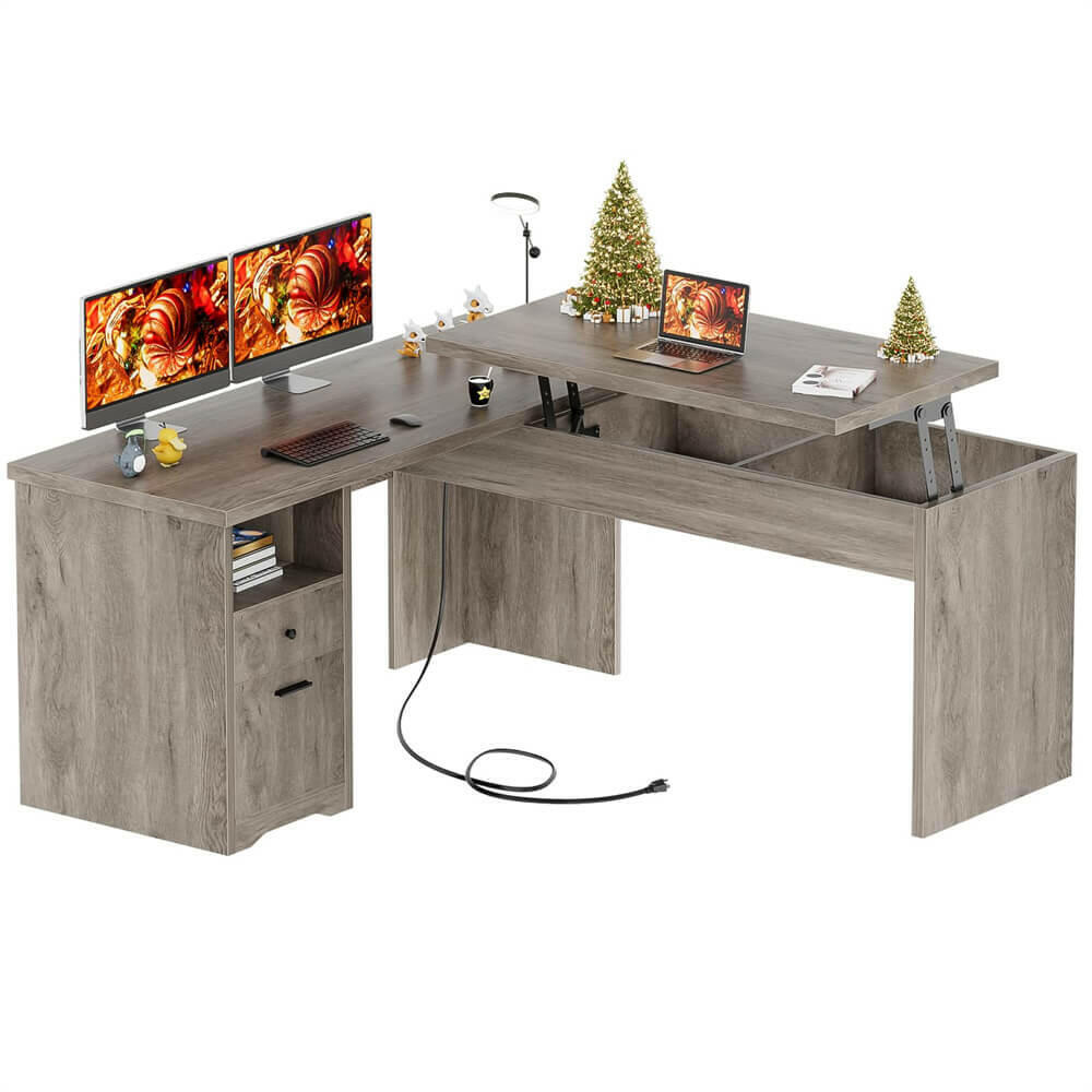 Unikito Lift Top L Shaped Desk with Drawer, Large Office Desk with Power Outlets and USB Charging Ports, Sturdy Corner Computer Desk Writing Table with Storage, L Shape Standing Desk