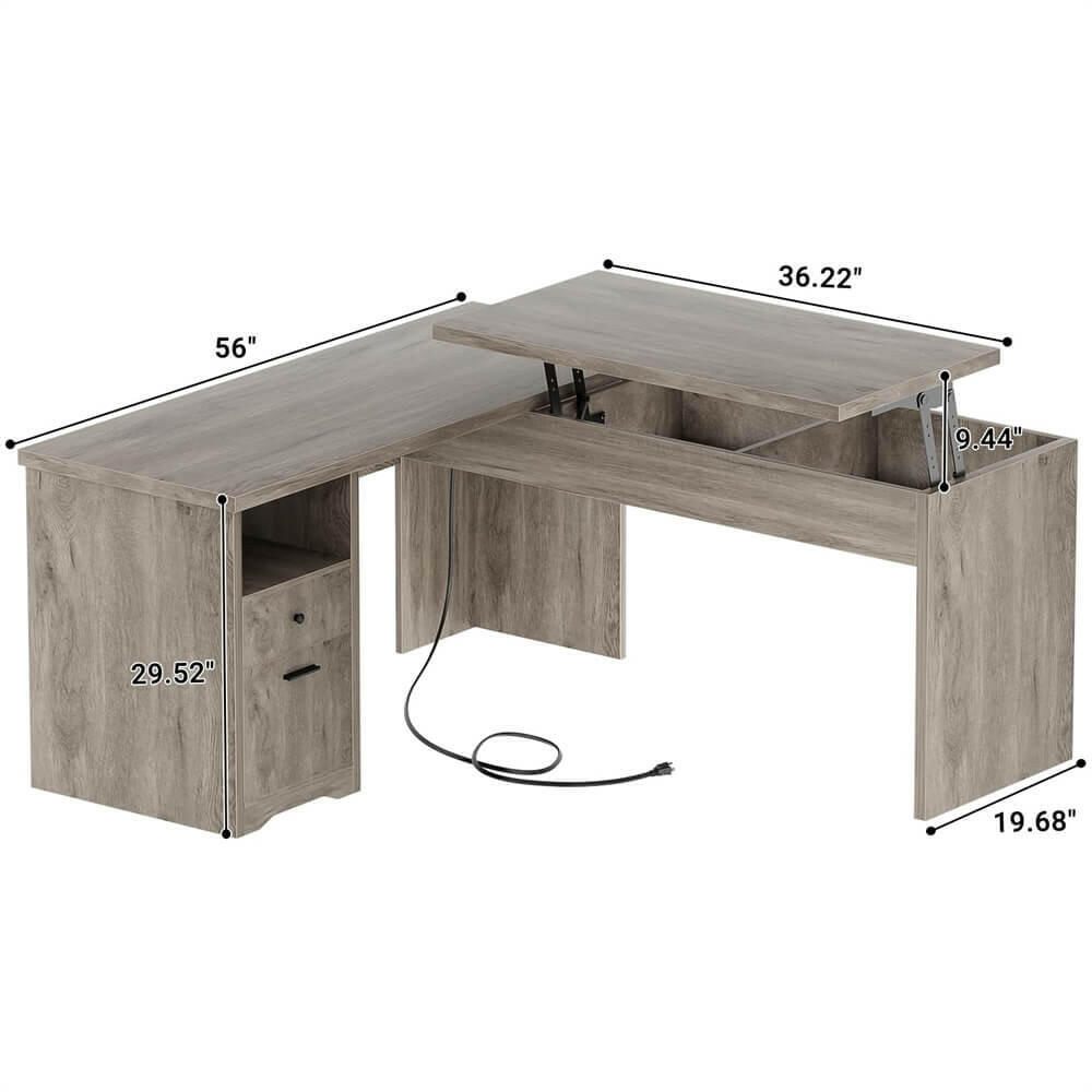 Unikito Lift Top L Shaped Desk with Drawer, Large Office Desk with Power Outlets and USB Charging Ports, Sturdy Corner Computer Desk Writing Table with Storage, L Shape Standing Desk