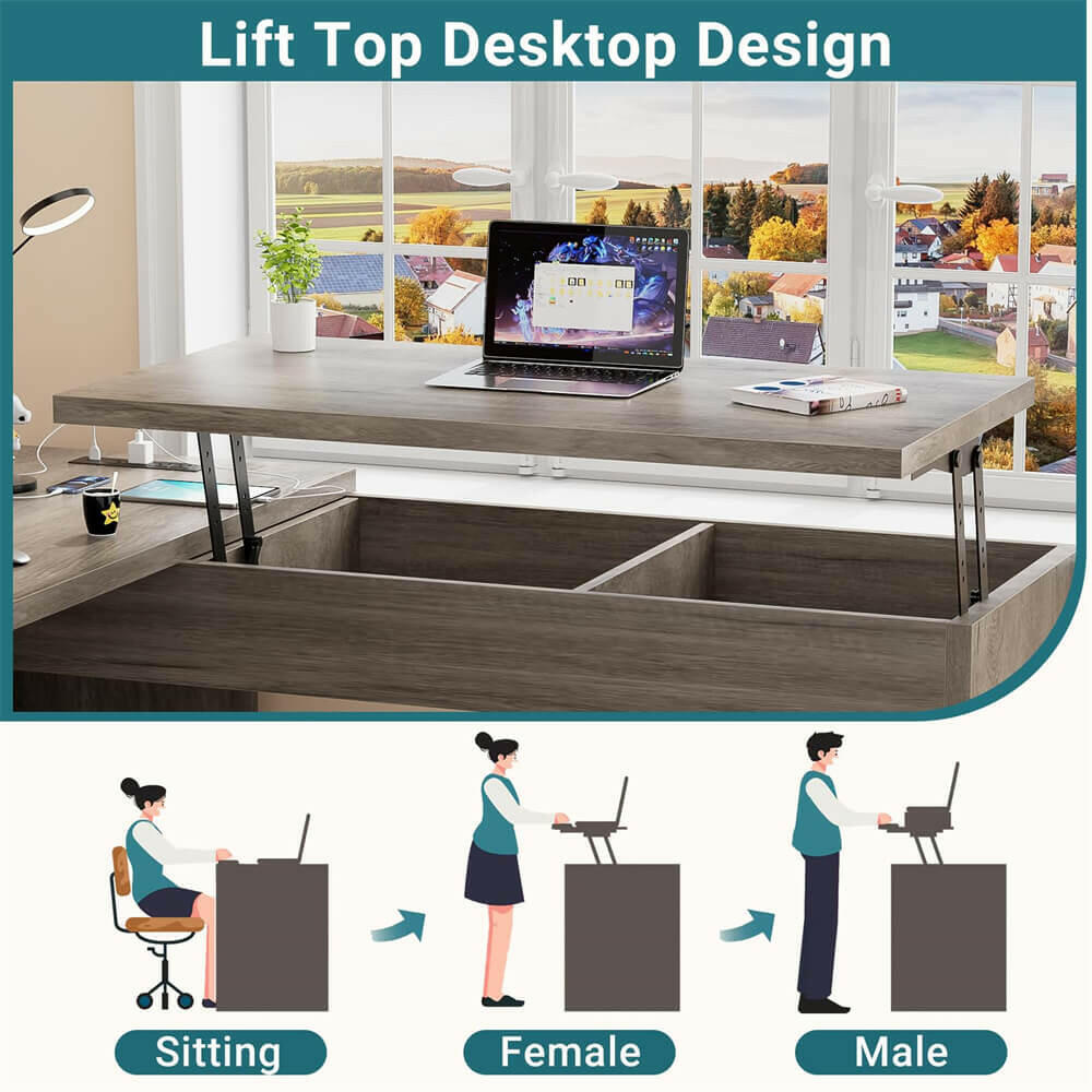 Unikito Lift Top L Shaped Desk with Drawer, Large Office Desk with Power Outlets and USB Charging Ports, Sturdy Corner Computer Desk Writing Table with Storage, L Shape Standing Desk