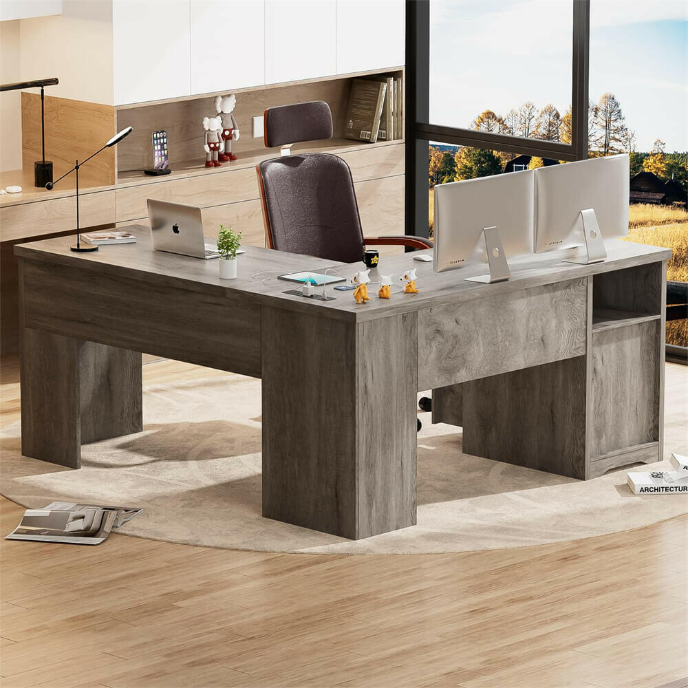 Unikito Lift Top L Shaped Desk with Drawer, Large Office Desk with Power Outlets and USB Charging Ports, Sturdy Corner Computer Desk Writing Table with Storage, L Shape Standing Desk