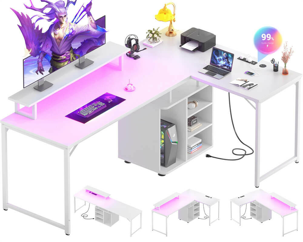 Unikito L Shaped Computer Desk, 58'' Reversible Gaming Desk with LED Strip & Adjustable Monitor Stand, Office Desk with Cabinet & Power Outlets, Corner Desk 2 Person Long Writing Study Table