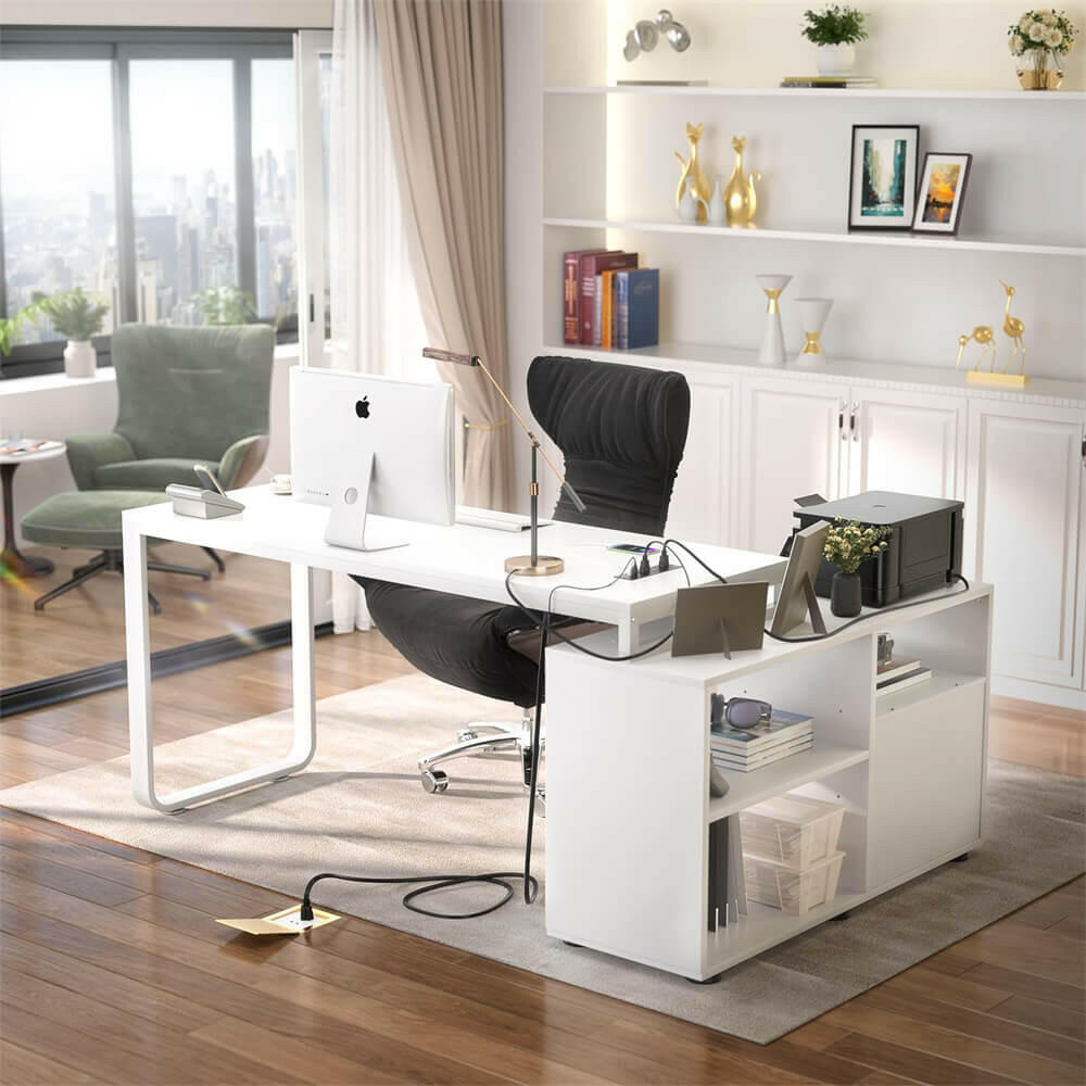 Unikito L Shaped Desk with File Cabinet & Power Outlet, Reversible 55 Inch Large Corner Computer Desks with LED Strip, L-Shaped Computer Desk with Drawers and Storage Shelves