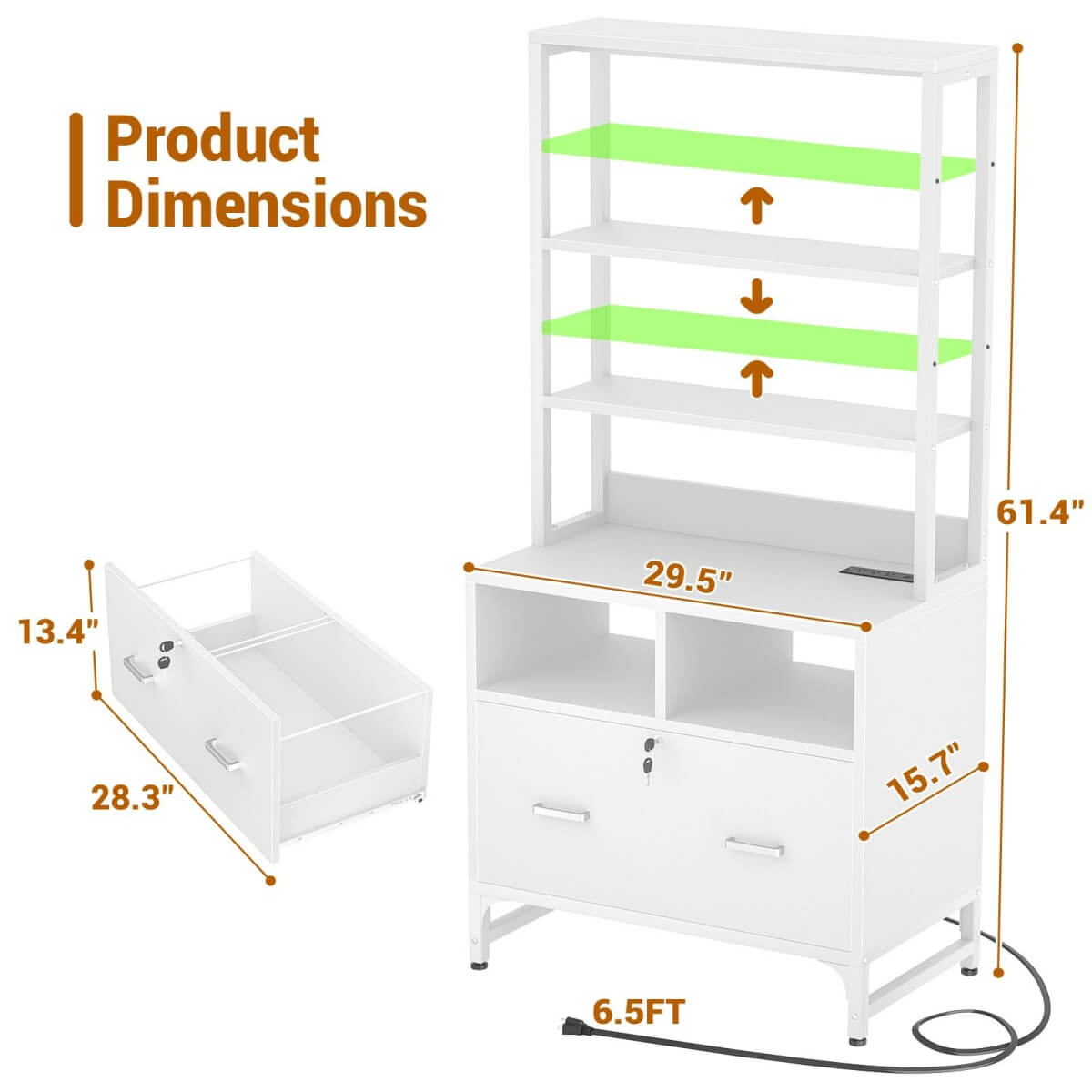 Unikito File Cabinet with Charging Station, Vertical Filing Cabinet with Lock & Large Drawer, Printer Stand with Storage Shelves, Office Storage Cabinet fits Letter/A4/Legal Size